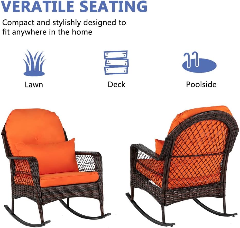 Outdoor Wicker Rocking Chair, Patio Rattan Rocker Chair with Cushions & Steel Frame, All-Weather Rocking Lawn Wicker Furniture for Garden Backyard Porch