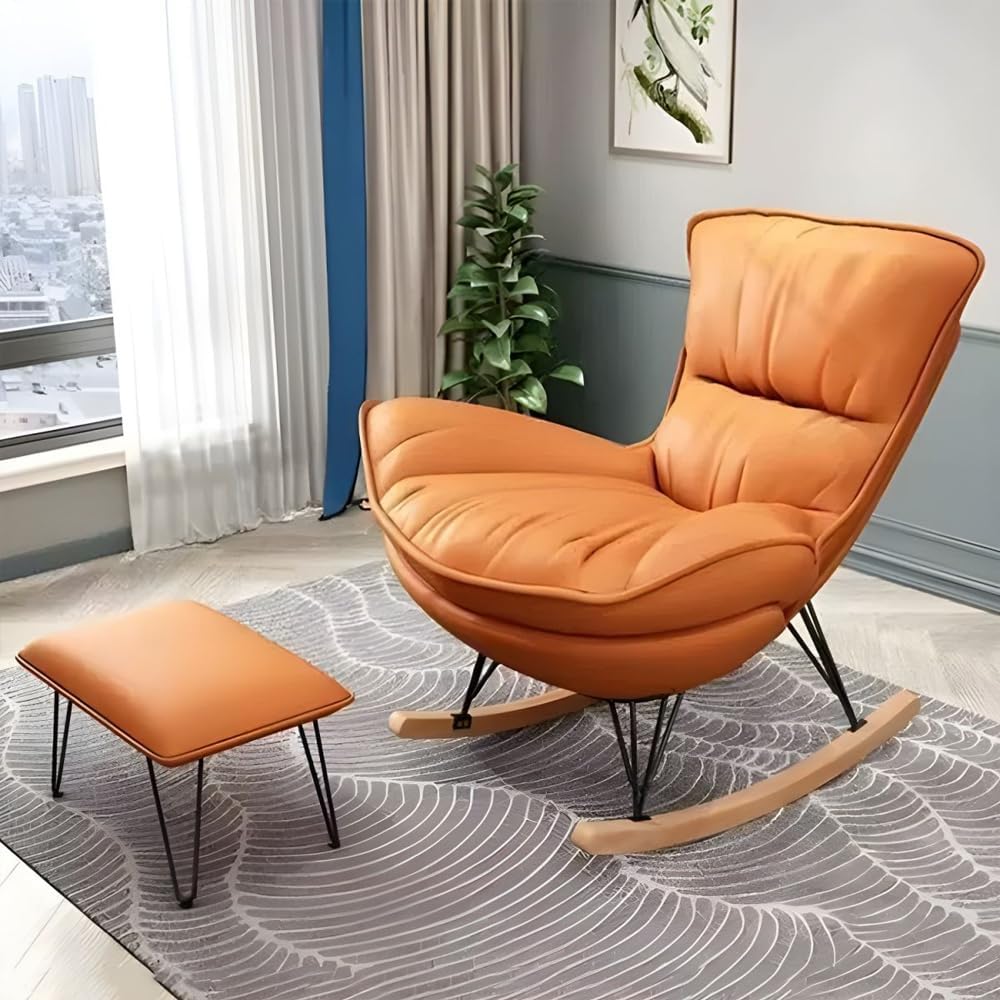 LITFAD Modern Rocking Glider Chair Upholstered Rocking Seat Comfy Rest Reading Chair Water Resistant Nursery Chair for Living Room, Bedroom, Office - Orange, with Ottoman