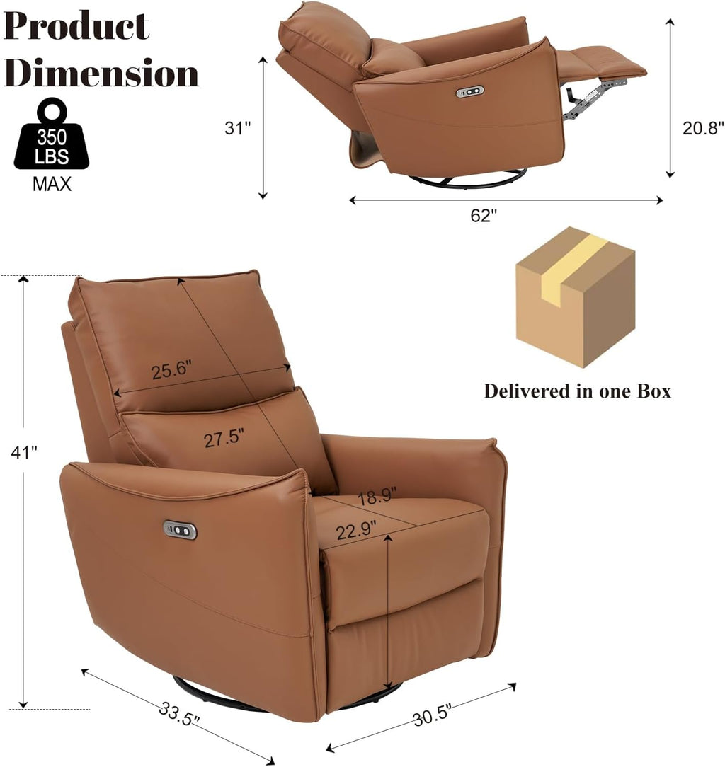 Recliner Sofa Rocking Chair Swivel Power Reclining Adjustable 360 Degree Spinning with Ergonomics Lumbar Support Natural Leather for Home Theater Seating Living Room, Bedroom, Nursery, Brown