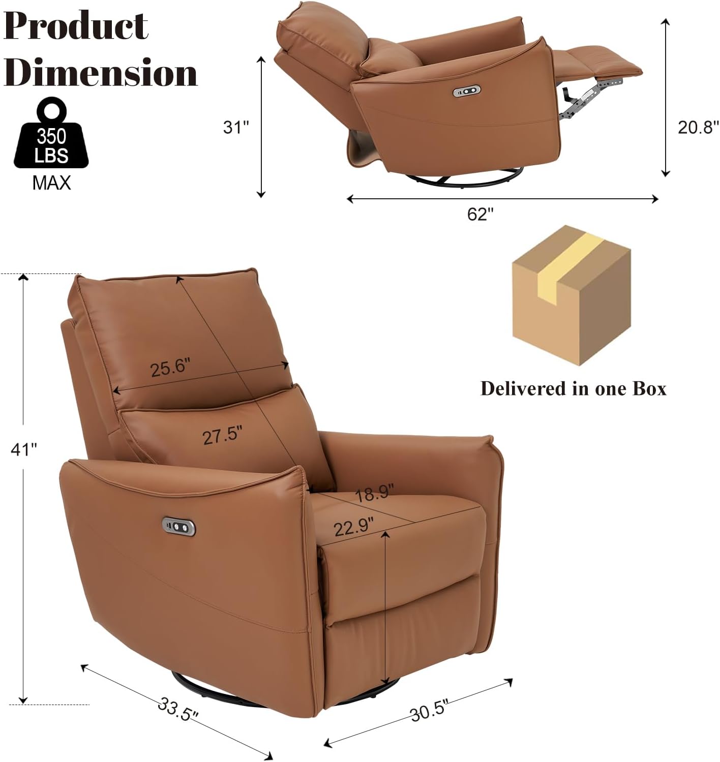 Recliner Sofa Rocking Chair Swivel Power Reclining Adjustable 360 Degree Spinning with Ergonomics Lumbar Support Natural Leather for Home Theater Seating Living Room, Bedroom, Nursery, Brown