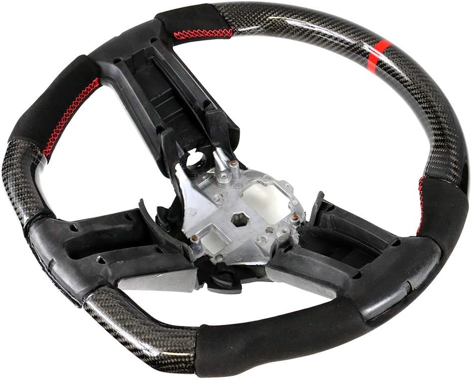 IKON MOTORSPORTS, Steering Wheel Compatible With 2010-2014 Ford Mustang, Black Carbon Fiber & Synthetic Suede Steering Wheel Brushed Kit With Red Stitching & Indicator, 2011 2012 2013