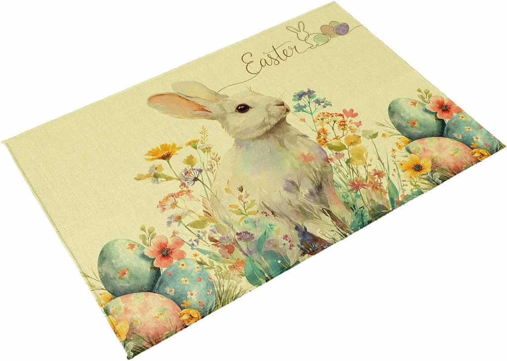 Easter Bunny Outdoor Rug for Patio/Deck/Porch, Non-Slip Large Area Rug 4 x 6 Ft, Yellow Rabbit Spring Flowers Leaves Rustic Plants Indoor Outdoor Rugs Washable Area Rugs, Camping Rug Carpet Runner