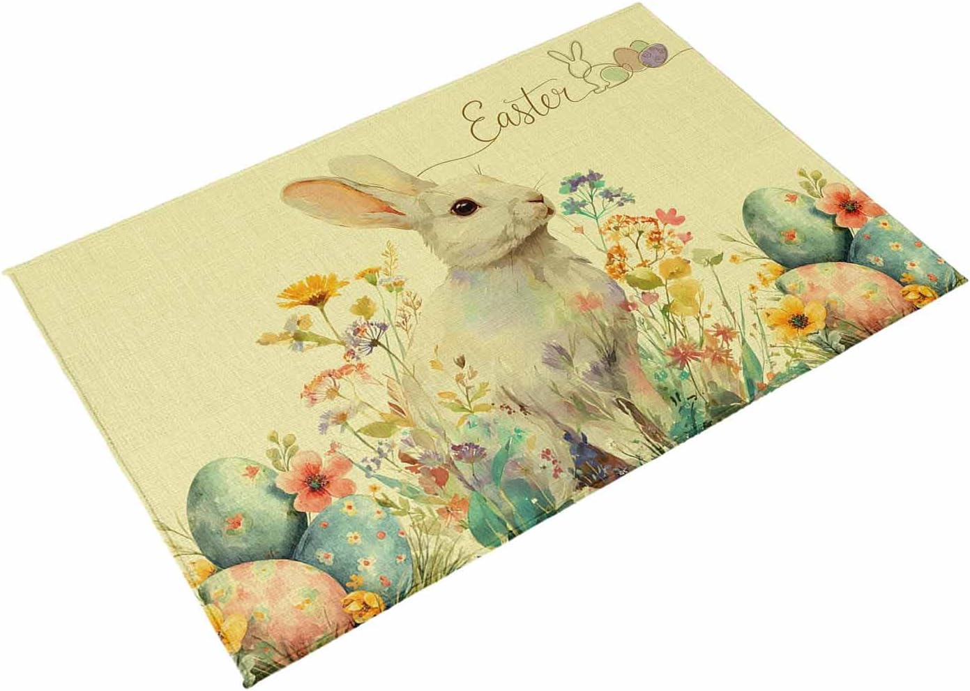 Easter Bunny Outdoor Rug for Patio/Deck/Porch, Non-Slip Large Area Rug 4 x 6 Ft, Yellow Rabbit Spring Flowers Leaves Rustic Plants Indoor Outdoor Rugs Washable Area Rugs, Camping Rug Carpet Runner
