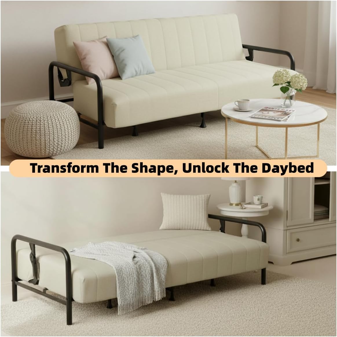 Homy Casa Modern Beige Futon Sofa Bed with Arm, 78.74' 3-Position Adjustable Backrest, Metal Frame, Capacity 500 lbs, Convertible Daybed for Living Room/Guest Room/Studio Apartment