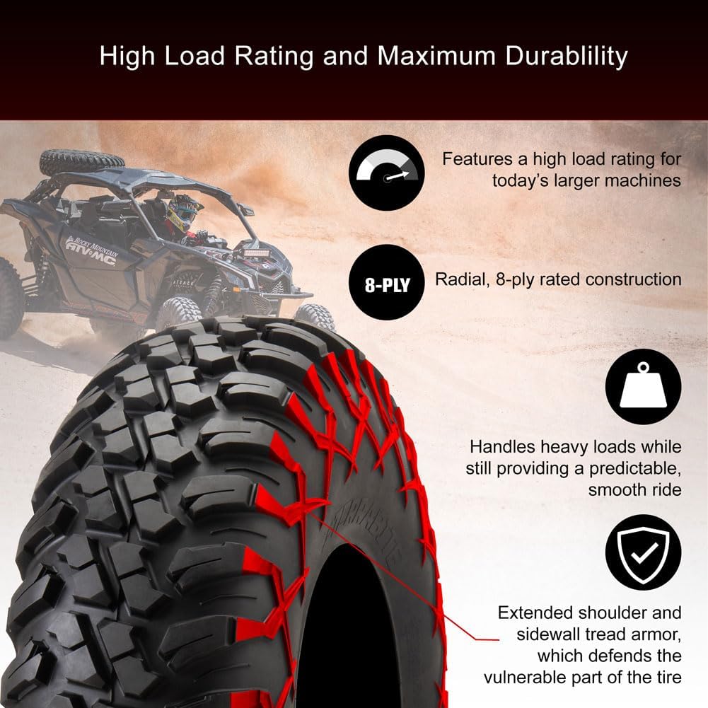 Tusk Racing Four 28x10-14 Tusk TERRABITE 8-Ply Radial UTV Tires mounted on Tusk CASCADE Wheels - For POLARIS applications - 4/156 bolt pattern - Includes Lug Nuts (5+2 Wheel Offset, Machined/Black)