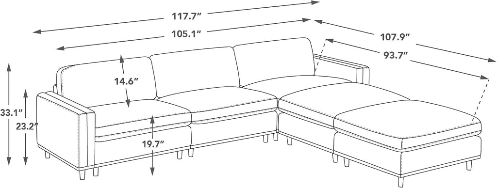 CHITA Super Large Luxury L Shape Convertible Sectional Modular Sofa, Down Filled Modern Sofa, Deep Seat Cloud Couch, 118 inch Width, 5 Seat Couch with Chaise, 2 Ottomans, Solid Wood Leg, Linen
