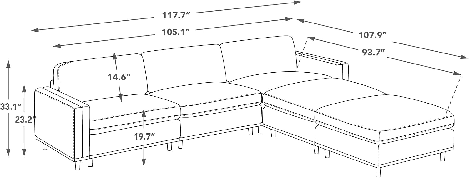 CHITA Super Large Luxury L Shape Convertible Sectional Modular Sofa, Down Filled Modern Sofa, Deep Seat Cloud Couch, 118 inch Width, 5 Seat Couch with Chaise, 2 Ottomans, Solid Wood Leg, Linen
