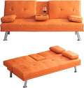 70' Futon Sofa Bed,Multifunctional Convertible Folding Futon Sofa Bed with Coffee Table, 3 Adjustable Reclining Sleeper Sofa, Small Leather Couch for Living Room/Bedroom Small Spaces (Orange)