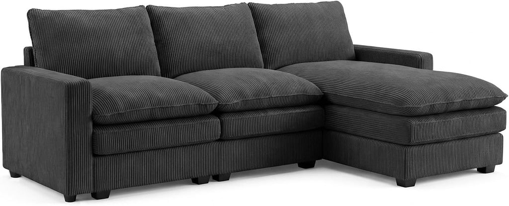 HONBAY 97.6 Inch Corduroy Cloud Modular Sectional Sofa with Chaise, Deep Seat L-Shaped Couch with Storage for Living Room, Apartment, Small Space,Grey