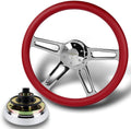 18' Universal 457mm 5 Bolt Hole 2 Inches Deep, Vintage Style Leather Grip Steering Wheel with Hub Adapter Compatible with T04 Kenworth, Peterbilt All Models (Red Leather Grip)