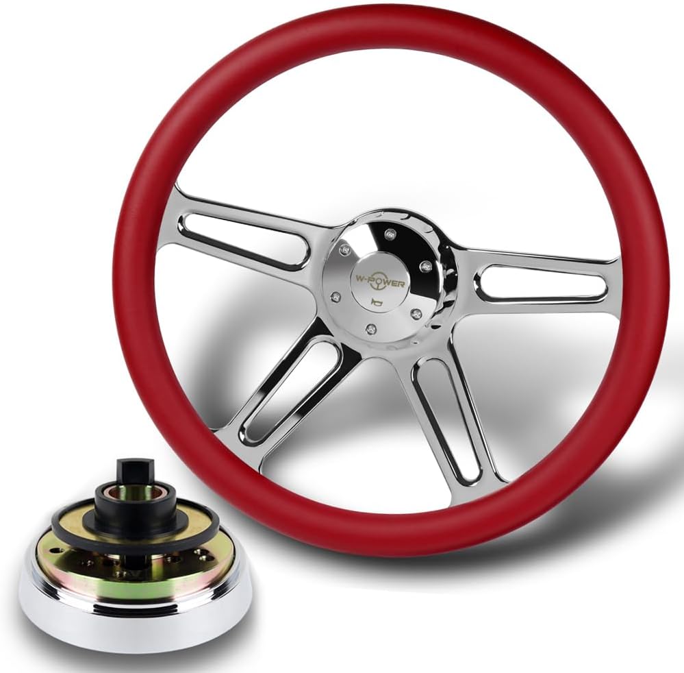 18' Universal 457mm 5 Bolt Hole 2 Inches Deep, Vintage Style Leather Grip Steering Wheel with Hub Adapter Compatible with T04 Kenworth, Peterbilt All Models (Red Leather Grip)