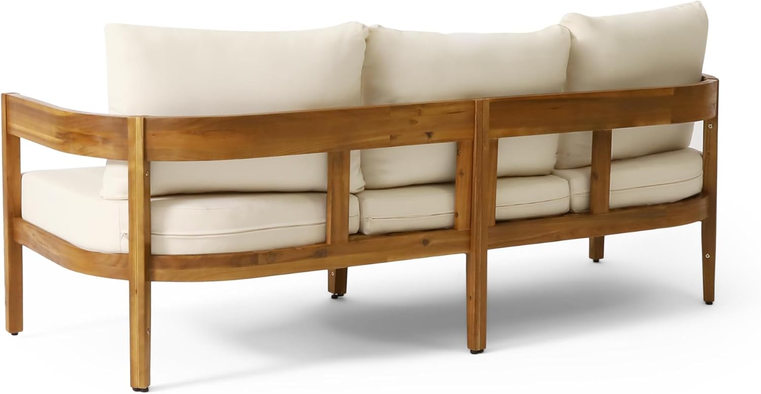 76.5 Inch Outdoor Acacia Wood 3-Seater Patio Sofa with Beige Cushions Curved Tuxedo Design Weather-Resistant Garden Backyard Couch, Teak