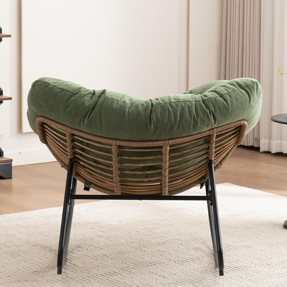 Outdoor Papasan Chair, Oversized Rocking Chair with Cushion and Metal Frame, Patio Lounge Rocking Chair for Balcony Backyard Porch Bedroom Living Room (Green)