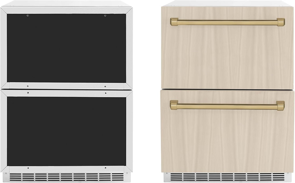 ZLINE Autograph Edition 24 in. Touchstone 168 Can Outdoor-Rated Dual Refrigerator Drawer with Panel-Ready Doors and Champagne Bronze Handles (RDSPOZ-24-CB)