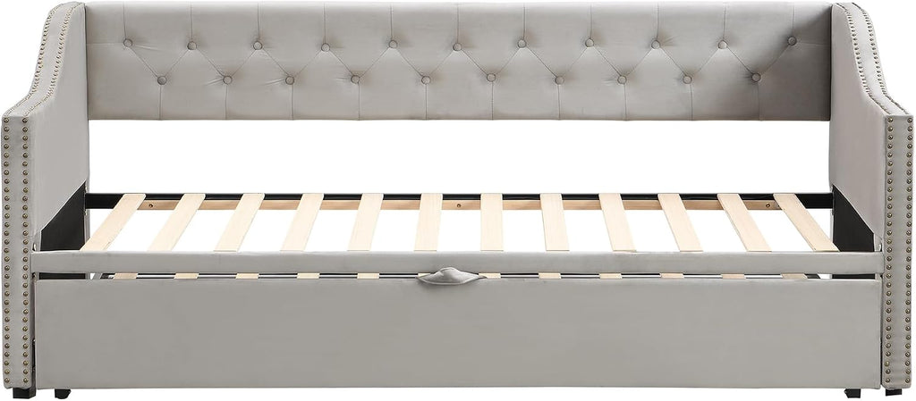 Merax Twin Size Upholstered Velvet Daybed with Pop Up Trundle, Multi-Functional Sofa Bed with Backrest and Two Armrest for Kids Room, Guest Room, Living Room,Gray