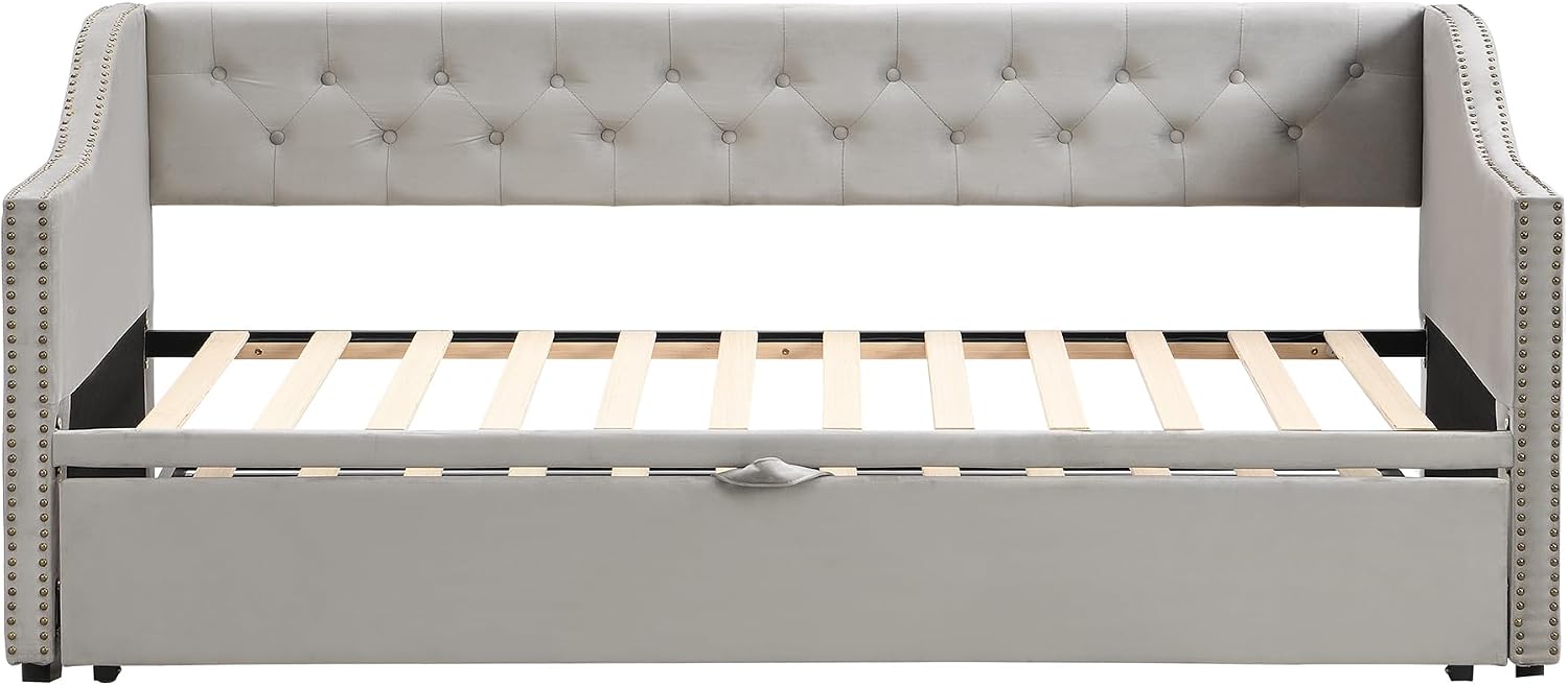 Merax Twin Size Upholstered Velvet Daybed with Pop Up Trundle, Multi-Functional Sofa Bed with Backrest and Two Armrest for Kids Room, Guest Room, Living Room,Gray
