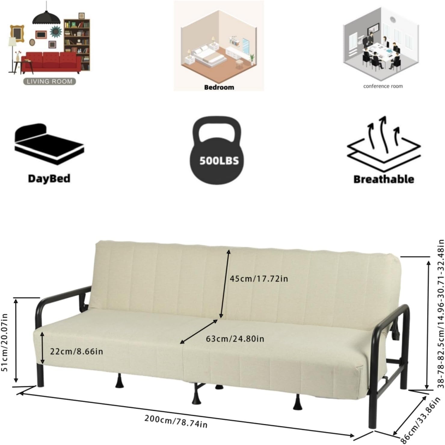 Homy Casa Modern Beige Futon Sofa Bed with Arm, 78.74' 3-Position Adjustable Backrest, Metal Frame, Capacity 500 lbs, Convertible Daybed for Living Room/Guest Room/Studio Apartment