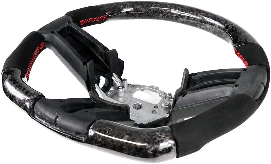 IKON MOTORSPORTS, Steering Wheel Compatible With 2010-2014 Ford Mustang, Forged Carbon Fiber & Synthetic Suede Steering Wheel Brushed Kit With Red Stitching, 2011 2012 2013