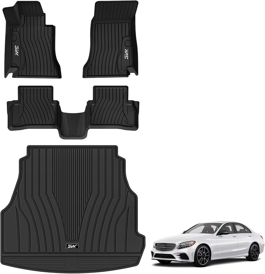 3W Floor Mats & Cargo Liner for Mercedes Benz C-Class 2022-2025 2026 C300/C43 AMG/C63 AMG S E (Fit Sedan Only), TPE All Weather 1st & 2nd Row Set Floor Liner for Benz C-Class Car Mats
