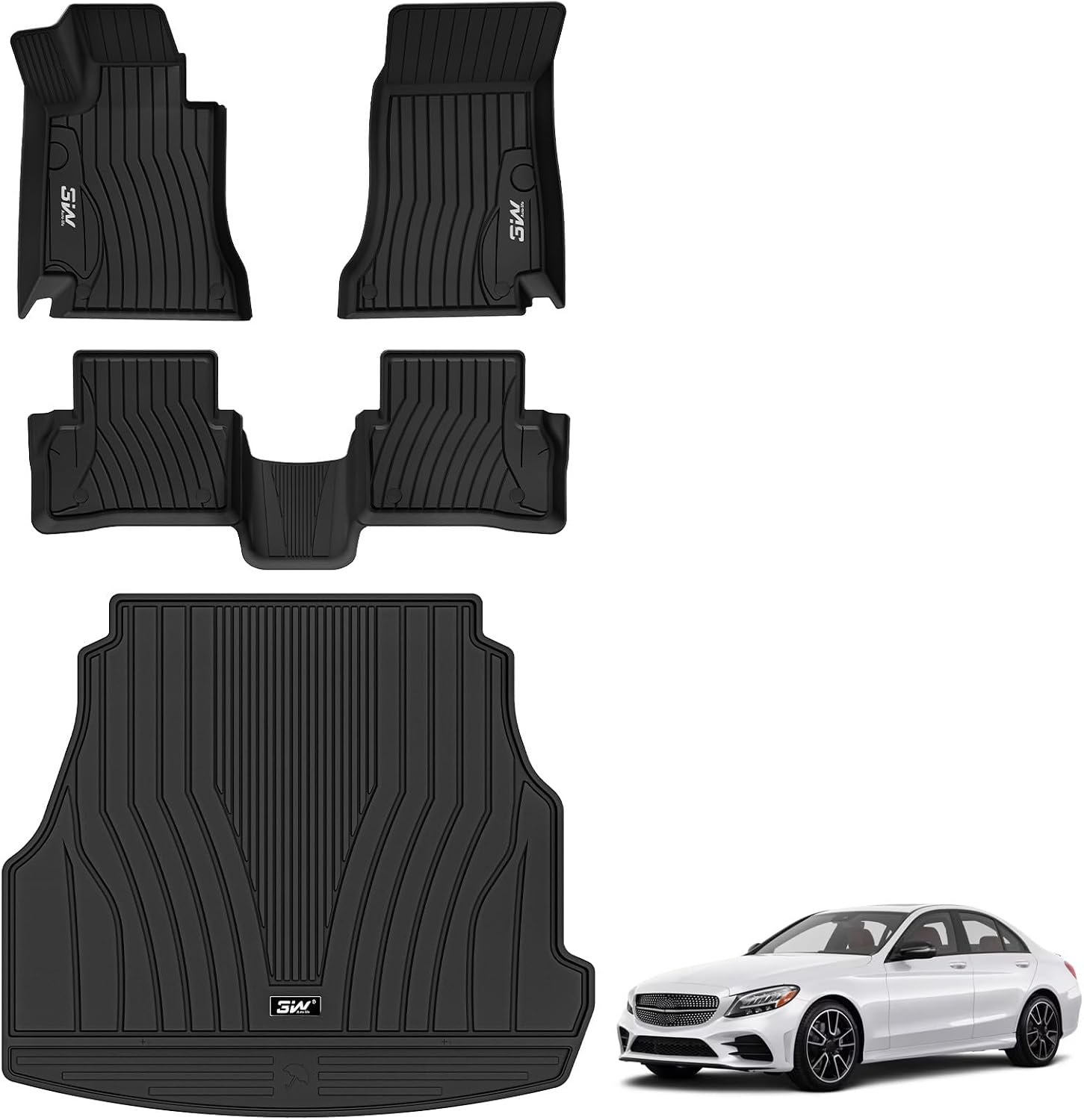 3W Floor Mats & Cargo Liner for Mercedes Benz C-Class 2022-2025 2026 C300/C43 AMG/C63 AMG S E (Fit Sedan Only), TPE All Weather 1st & 2nd Row Set Floor Liner for Benz C-Class Car Mats