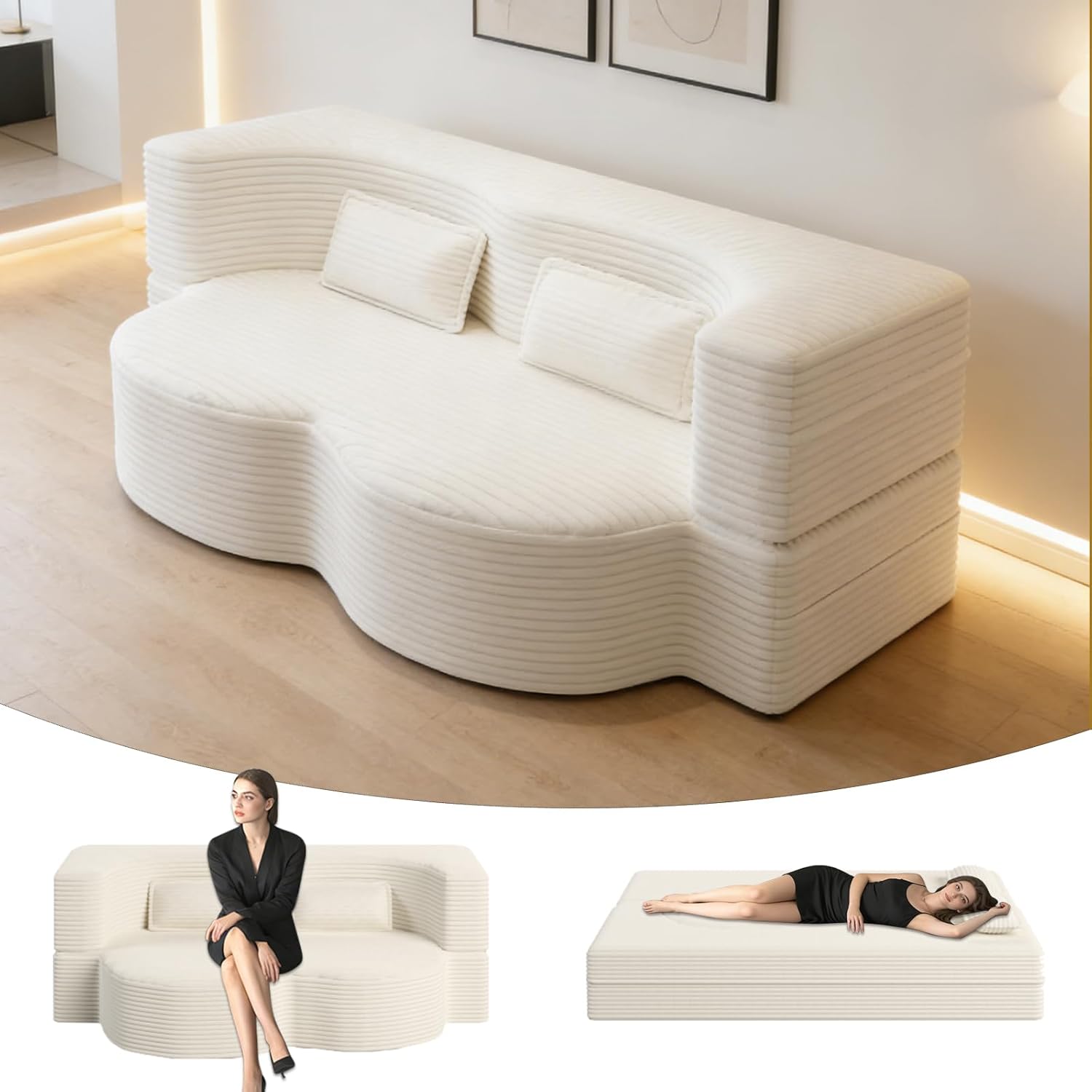 78' Full Size Convertible Futon Sofa Bed, Plush Corduroy Folding Sleeper Sofa Bed with Pillow, Foam Mattress Futon Loveseat Couch, No Assembly Floor Couches for Living Room, Playroom, Apartment, Beige