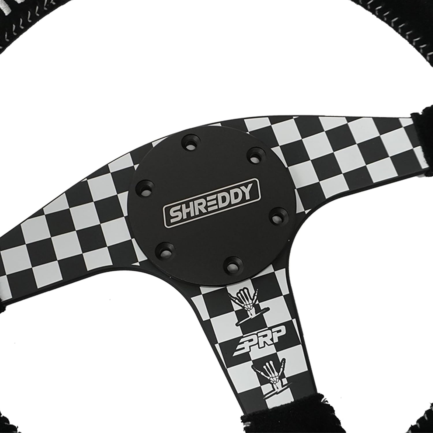 PRP Seats X Shreddy Checkers Wreckers Flat Suede Grip Steering Wheel for Off-Road Racing - High-Strength Aluminum, Moisture-Resistant Suede, 6 Point Bolt Pattern - 13' Dia x 1.5' (Checkered)