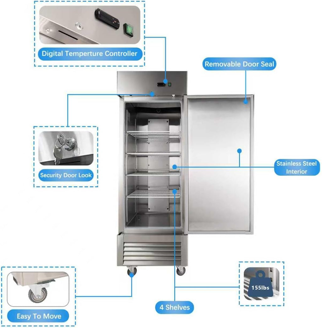 JINSONG 27' Commercial Refrigerator, 23 Cu.Ft Reach-in Stainless Steel Fridge with Single Solid Door for Restaurant, Bar, Shop, or Home Use
