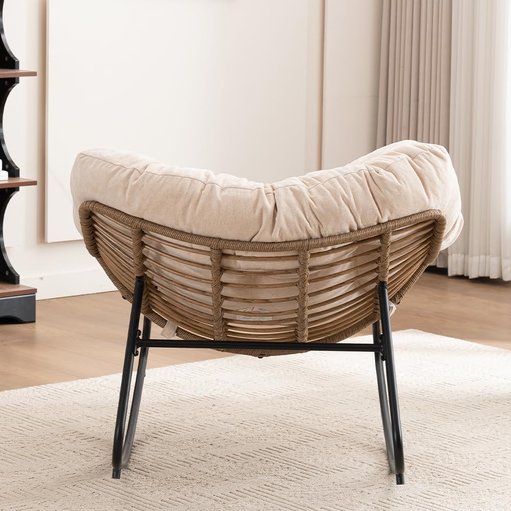 Outdoor Papasan Chair, Oversized Rocking Chair with Cushion and Metal Frame, Patio Lounge Rocking Chair for Balcony Backyard Porch Bedroom Living Room (Beige)