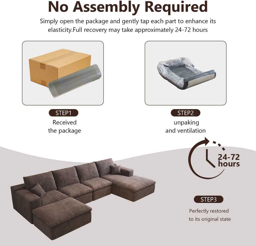 136.6'' U-Shaped Modern Modular Sectional Cloud Couch Whit Ottoman, 4-Seat Chenille Deep-Seat Sofa with Pillow for Living Room, Bedroom, Apartment, Camel