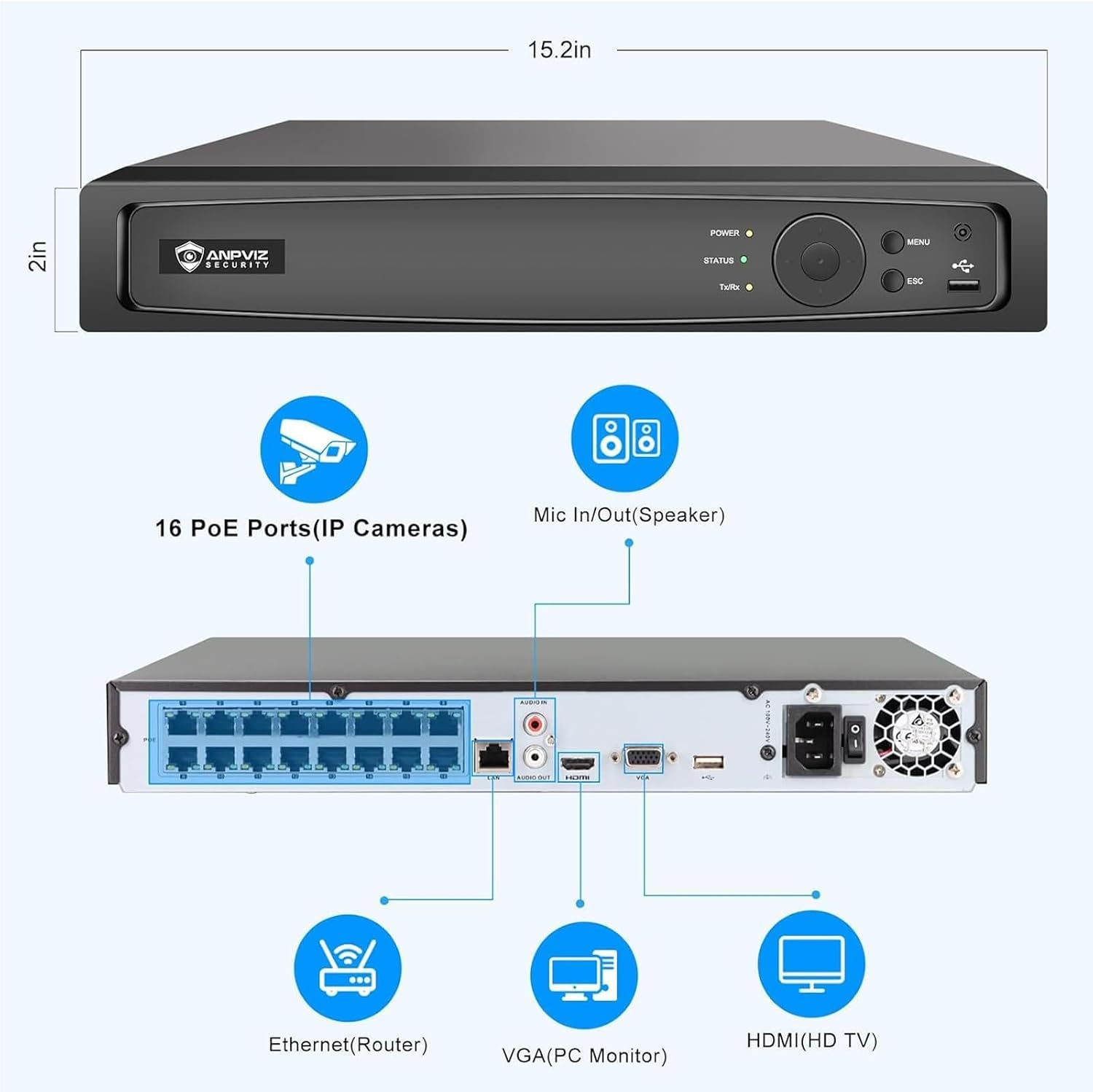 Anpviz AI 12MP 16CH POE NVR (12MP/8MP/6MP/5MP/4MP) Smart AI POE Network Video Recorder - Supports up to 16 x 12MP POE Cameras, 16-Channel Power Over Ethernet (Not Included HDD) NVR7616Q2-16P(H Series)