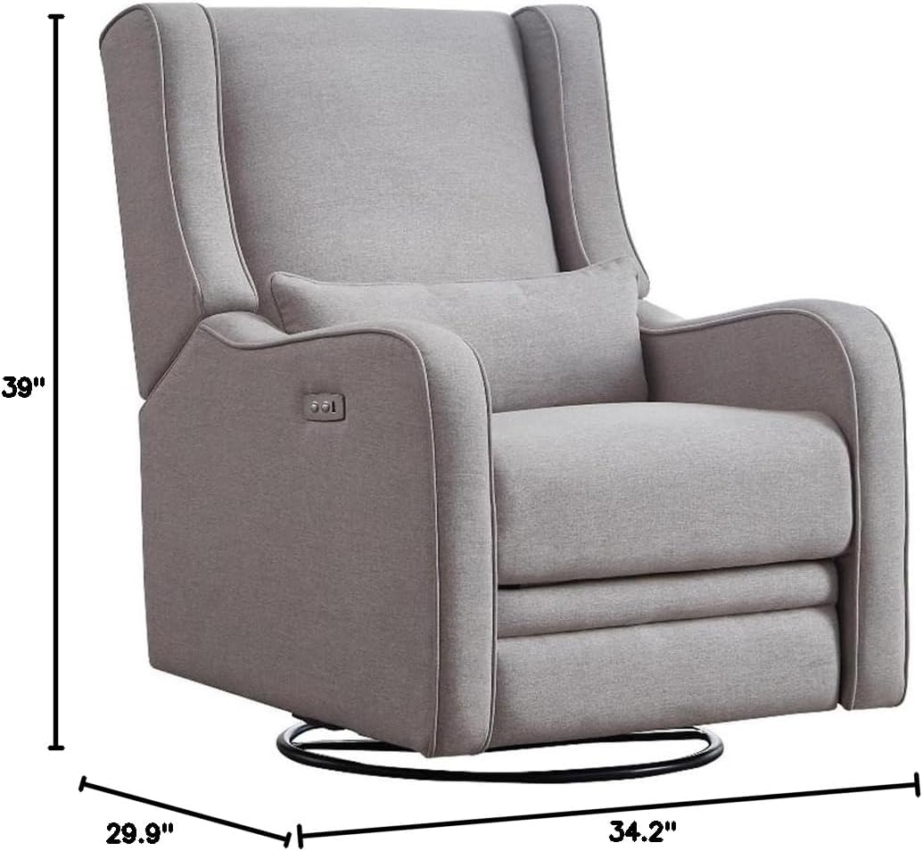 Pemberly Row Premium Fabric Glider Power Recliner Nursery Rocking Chair for Living Room, Kids Room, Rocker Swivel Recliner with USB Port in Pearl River Gray