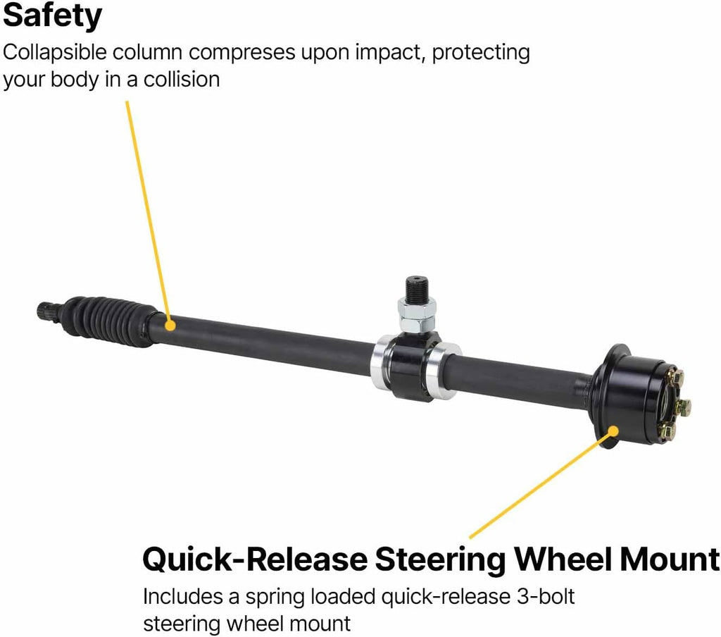 Collapsible Steering Column Adjustable 22.5 to 32 Inches with 3/4-20 Splined Output, Quick Release 3-Bolt Wheel Hub, Universal Heim Support Mount, In a Black Finish