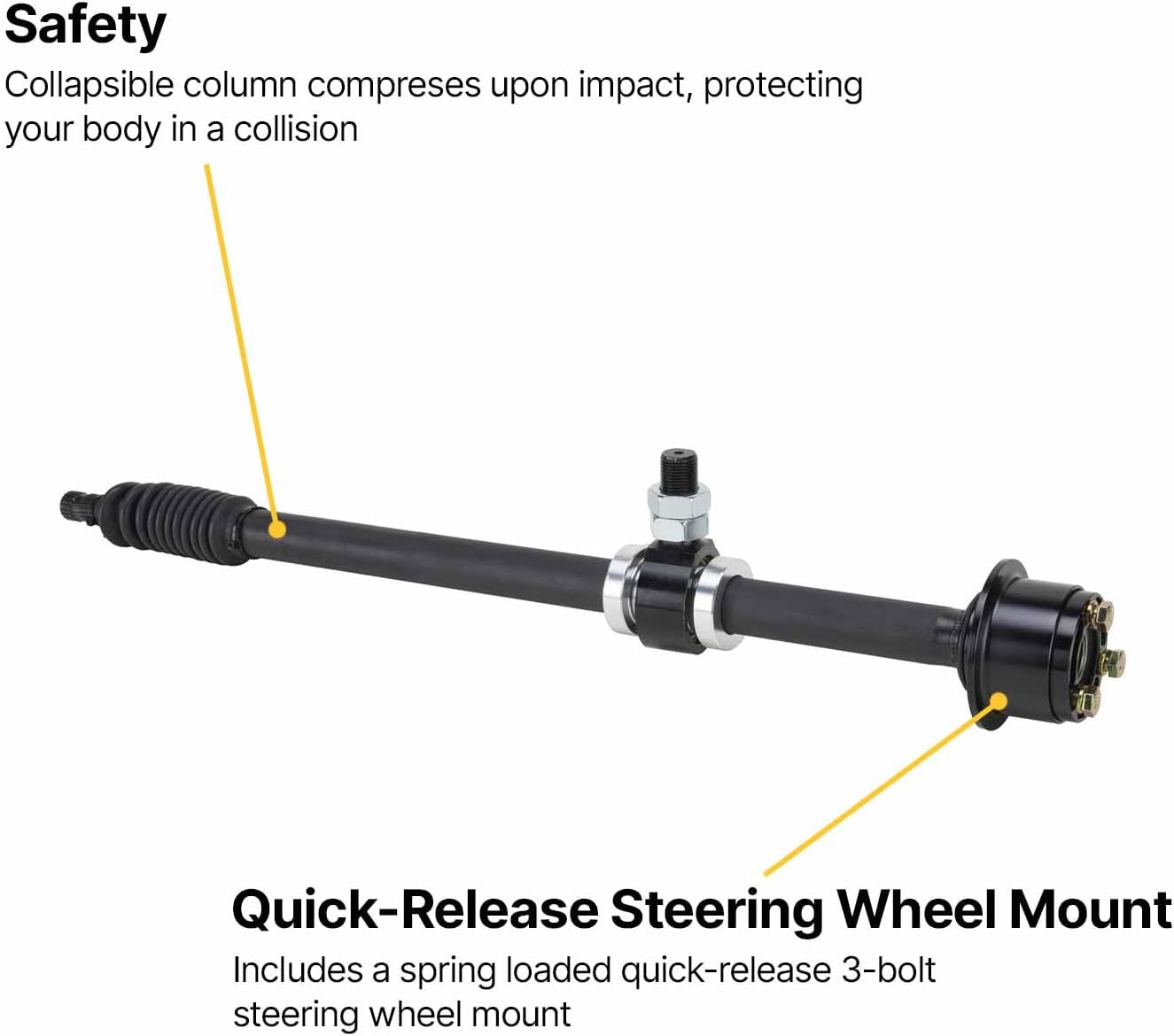 Collapsible Steering Column Adjustable 22.5 to 32 Inches with 3/4-20 Splined Output, Quick Release 3-Bolt Wheel Hub, Universal Heim Support Mount, In a Black Finish