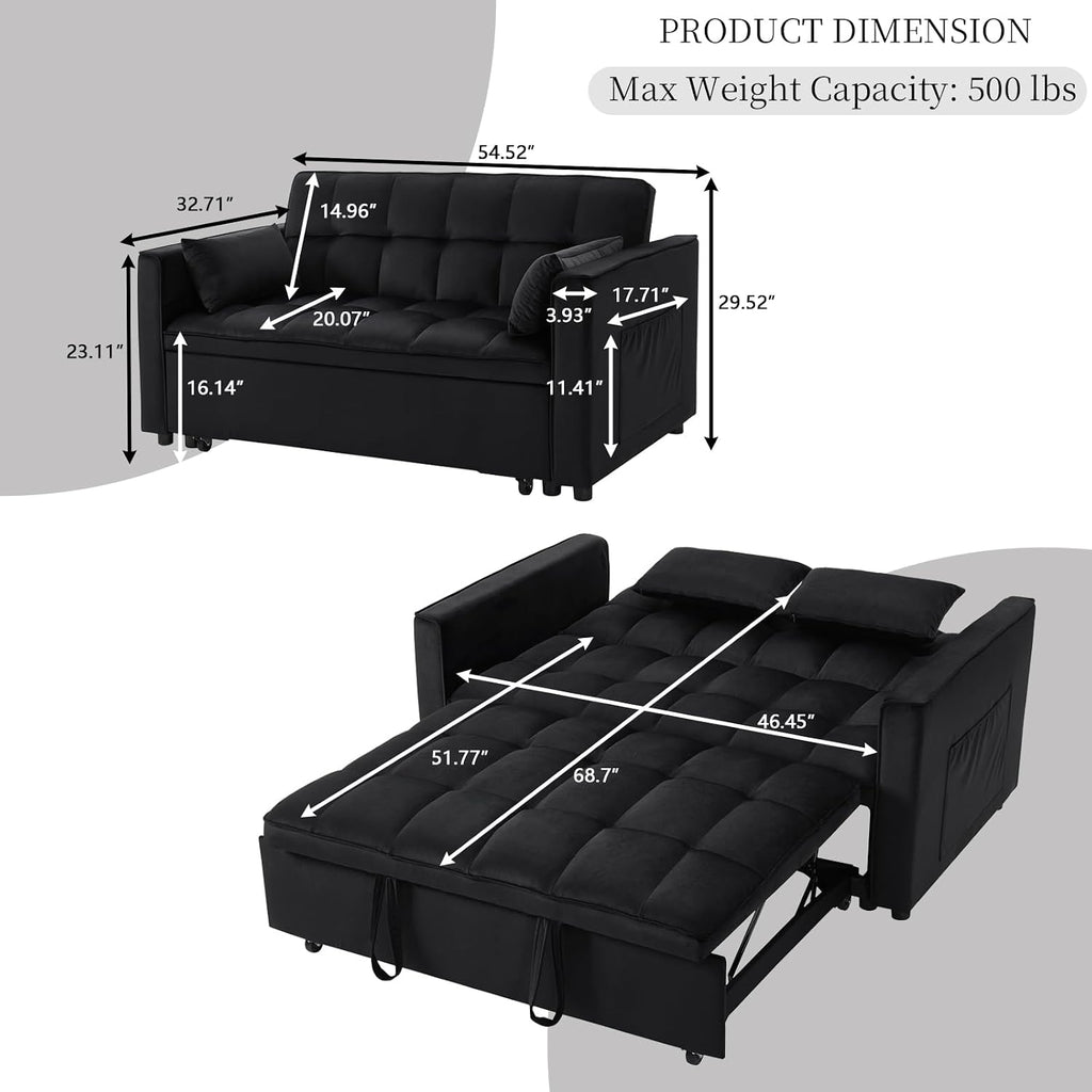 Convertible Sofa Bed,3 in 1 Pull Out Couch Adjustable Backrest, Modern Velvet Upholstery Sleeper Sofa Bed, Loveseat Couch for Living Room, Bedroom & Apartments (Black)