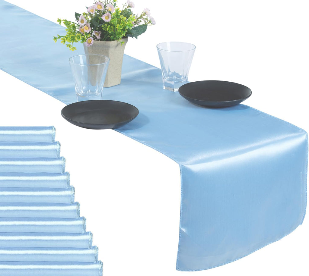 MDS 50 PCS Satin Table Runners 12 x 108 Inch Charmeuse Sateen Silk Table Runner for Indoor Outdoor Wedding Reception Birthday Graduation Party Event Banquet Dining Table Decoration - Baby Blue