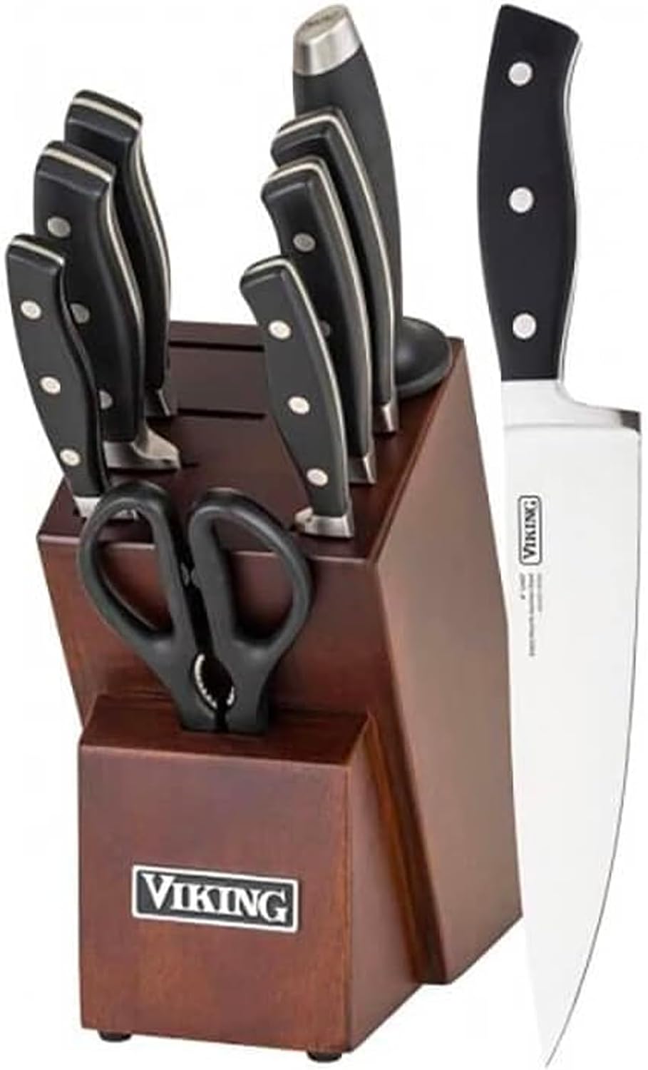 Viking Kitchen Knives Set, 10 Piece Full Forged Cutlery Set with Walnut Knife Block, Stainless Steel Blades and Ergonomic Handles, Dishwasher Safe
