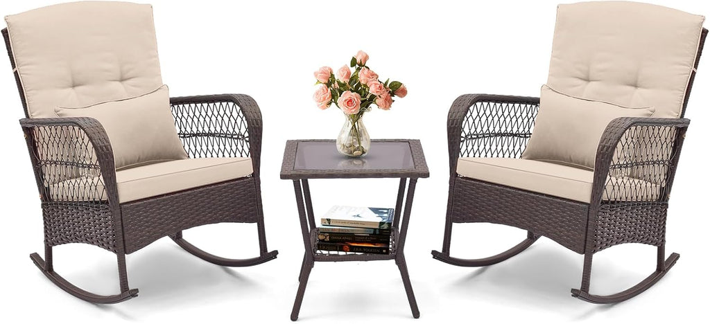 HAPPYGRILL 3 Pieces PE Rattan Rocking Bistro Set, Rocking Chairs with 2-Tier Coffee Table, Thick Pillows and Cushions, Outdoor Conversation Set for Porch, Garden and Poolside, (Beige)