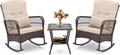 HAPPYGRILL 3 Pieces PE Rattan Rocking Bistro Set, Rocking Chairs with 2-Tier Coffee Table, Thick Pillows and Cushions, Outdoor Conversation Set for Porch, Garden and Poolside, (Beige)