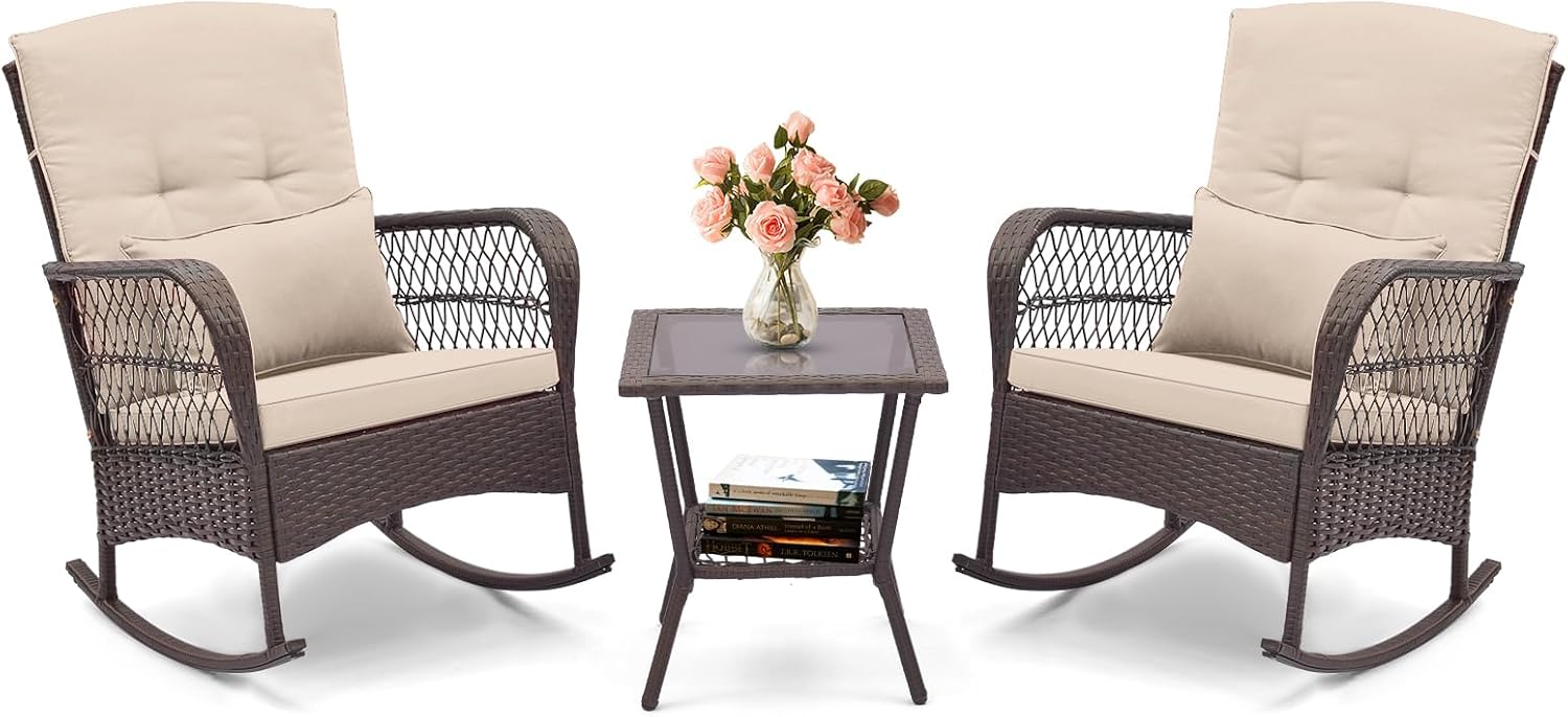 HAPPYGRILL 3 Pieces PE Rattan Rocking Bistro Set, Rocking Chairs with 2-Tier Coffee Table, Thick Pillows and Cushions, Outdoor Conversation Set for Porch, Garden and Poolside, (Beige)