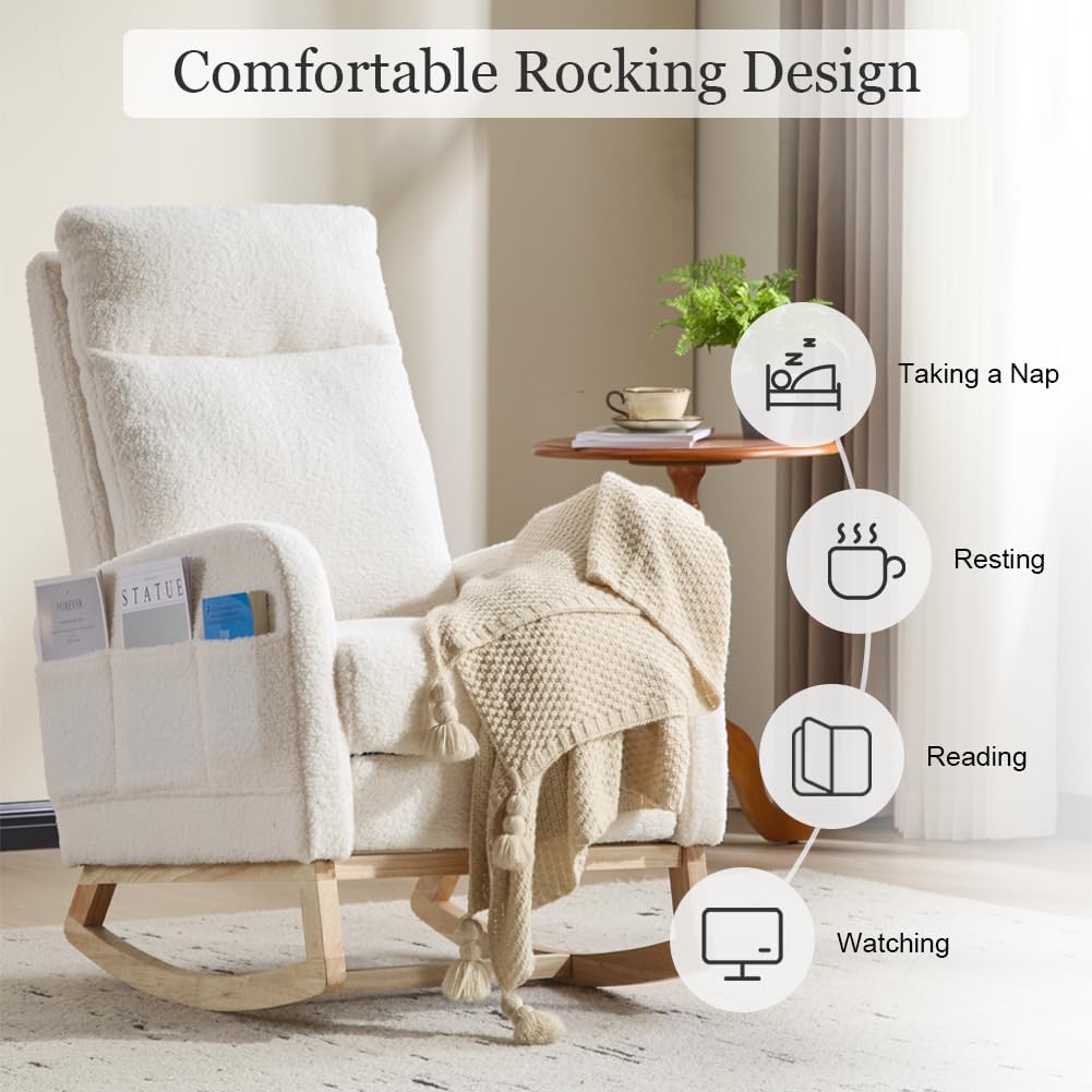 Rocking Chair Nursery with Foot Rest, Sherpa Nursing Rocking for Mom Nursery Rocker Chair with High Backrest, Armchair Rocker Glider with Side Pocket for Living Room, Bedroom, Teddy White