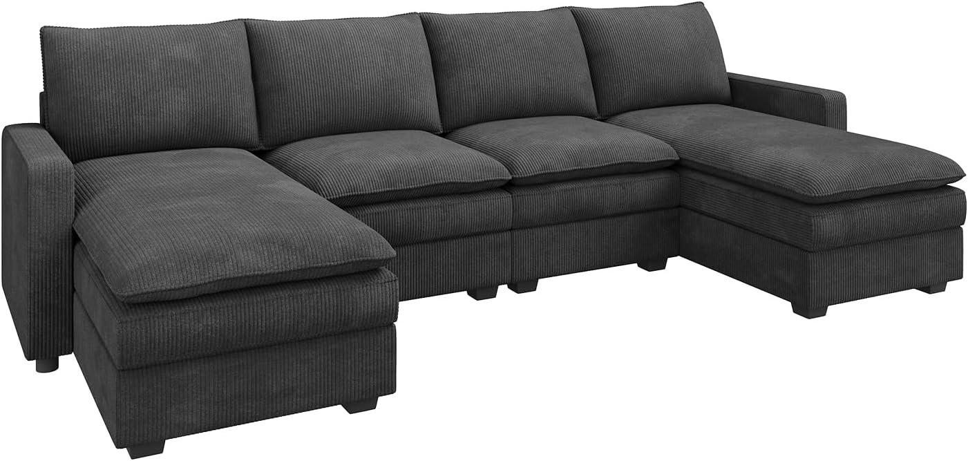 HONBAY 127.2 Inch Corduroy Cloud Modular Sectional Sofa with Chaise, Deep Seat U-Shaped Couch with Storage for Living Room, Apartment, Small Space,Dark Grey