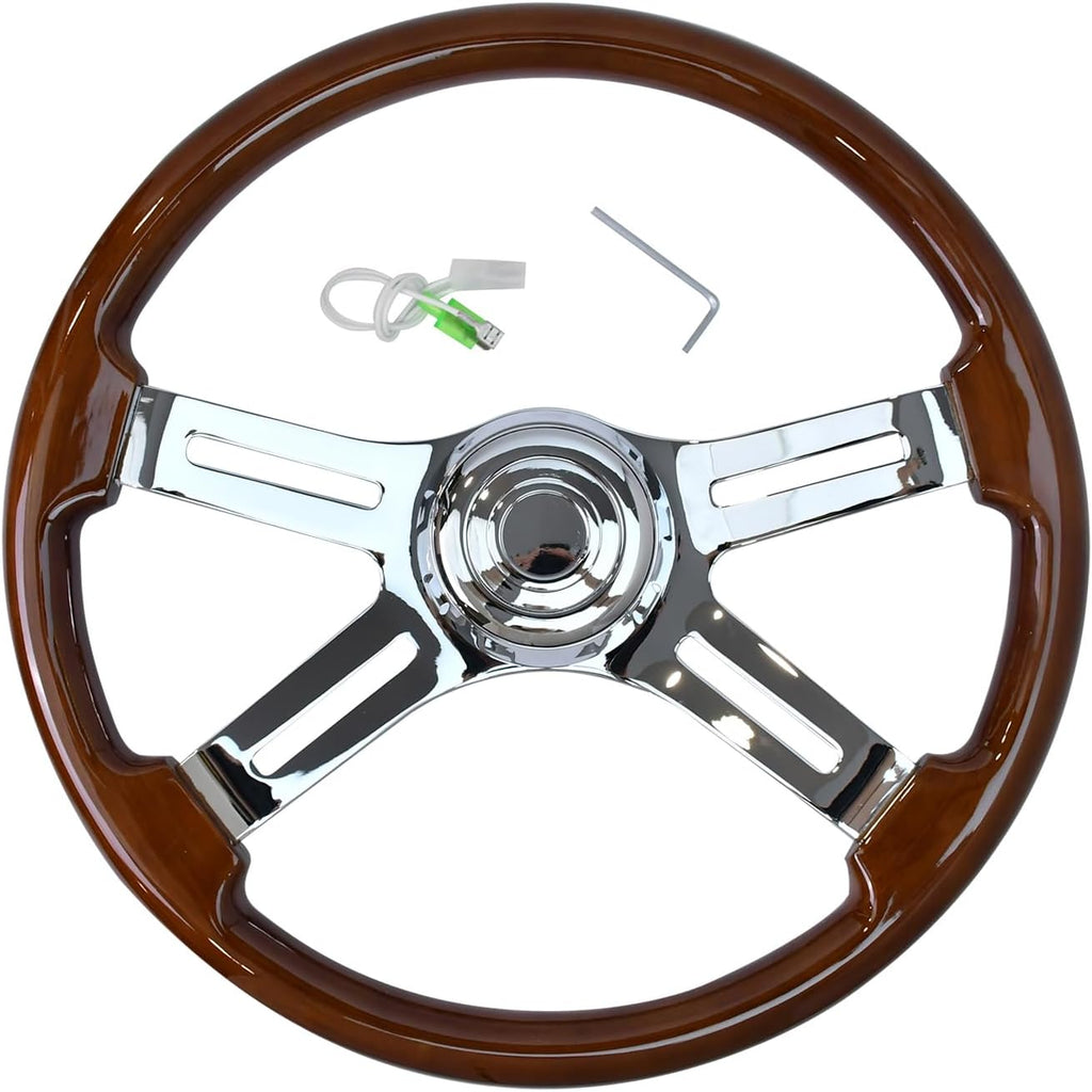 18'' Wooden Steering Wheel with 4 Spokes and 2'' Deep Plated Bracket, Modified Interior Accessory for Semi-Trailers, Compatible with Kenworth, Peterbilt, Volvo, Freightliner Trucks (Wood)