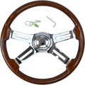 18'' Wooden Steering Wheel with 4 Spokes and 2'' Deep Plated Bracket, Modified Interior Accessory for Semi-Trailers, Compatible with Kenworth, Peterbilt, Volvo, Freightliner Trucks (Wood)