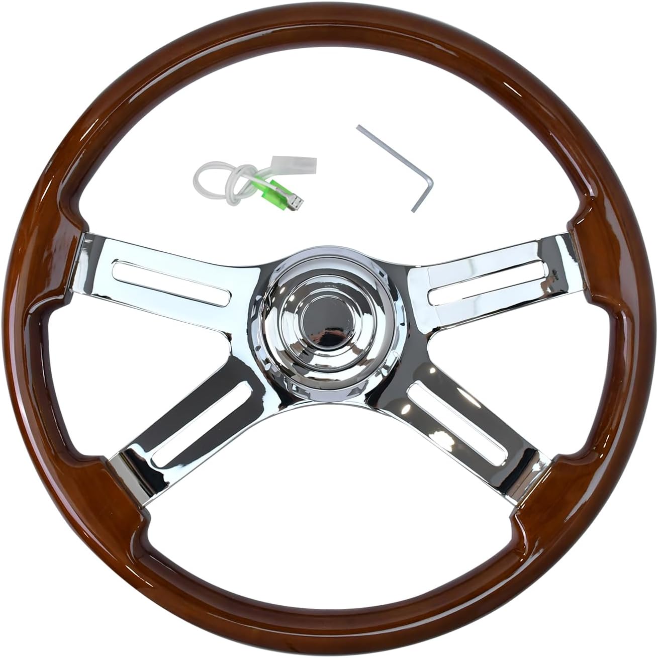 18'' Wooden Steering Wheel with 4 Spokes and 2'' Deep Plated Bracket, Modified Interior Accessory for Semi-Trailers, Compatible with Kenworth, Peterbilt, Volvo, Freightliner Trucks (Wood)