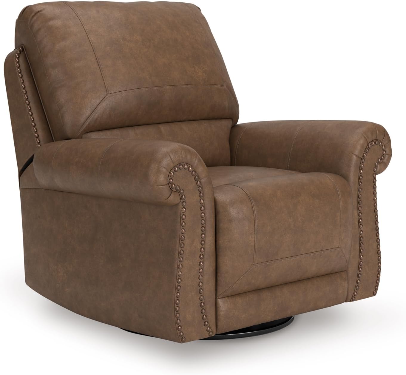 Signature Design by Ashley Shadsburne Classic Faux Leather Manual Rocker Swivel Glider Recliner with Nailhead Trim, Brown