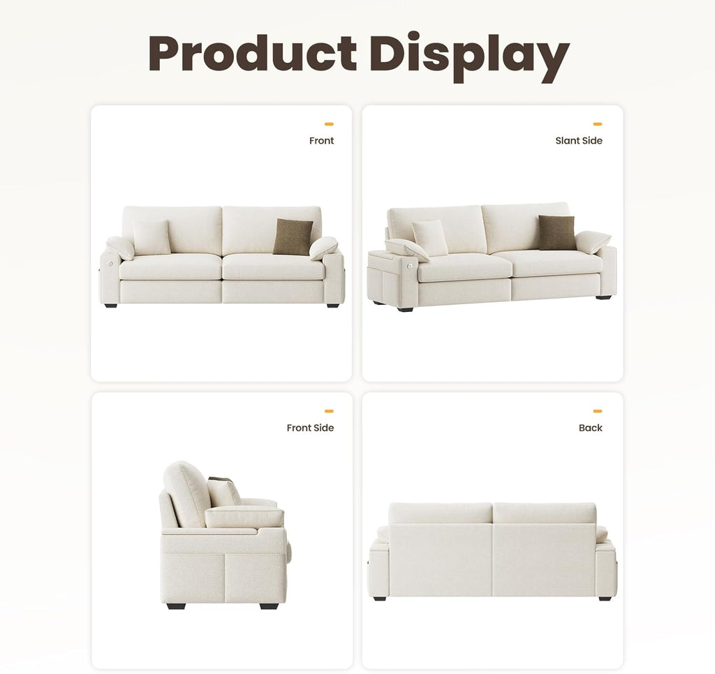 MALOL 89' Loveseat Sofa, Cloud Foam Couch, 3 Seater Upholstered Midcentury Mondern Love Seat with USB Type C Ports, 4 Pillows and Storage Armrest for Living Room/Small Spaces, Beige