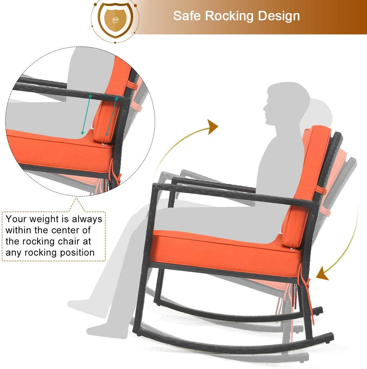 Tangkula Wicker Rocking Chair, Outdoor Glider Rattan Rocker Chair with Heavy-Duty Steel Frame, Patio Wicker Furniture Seat with 5' Thick Cushion for Garden, Porch, Backyard, Poolside (2, Orange)