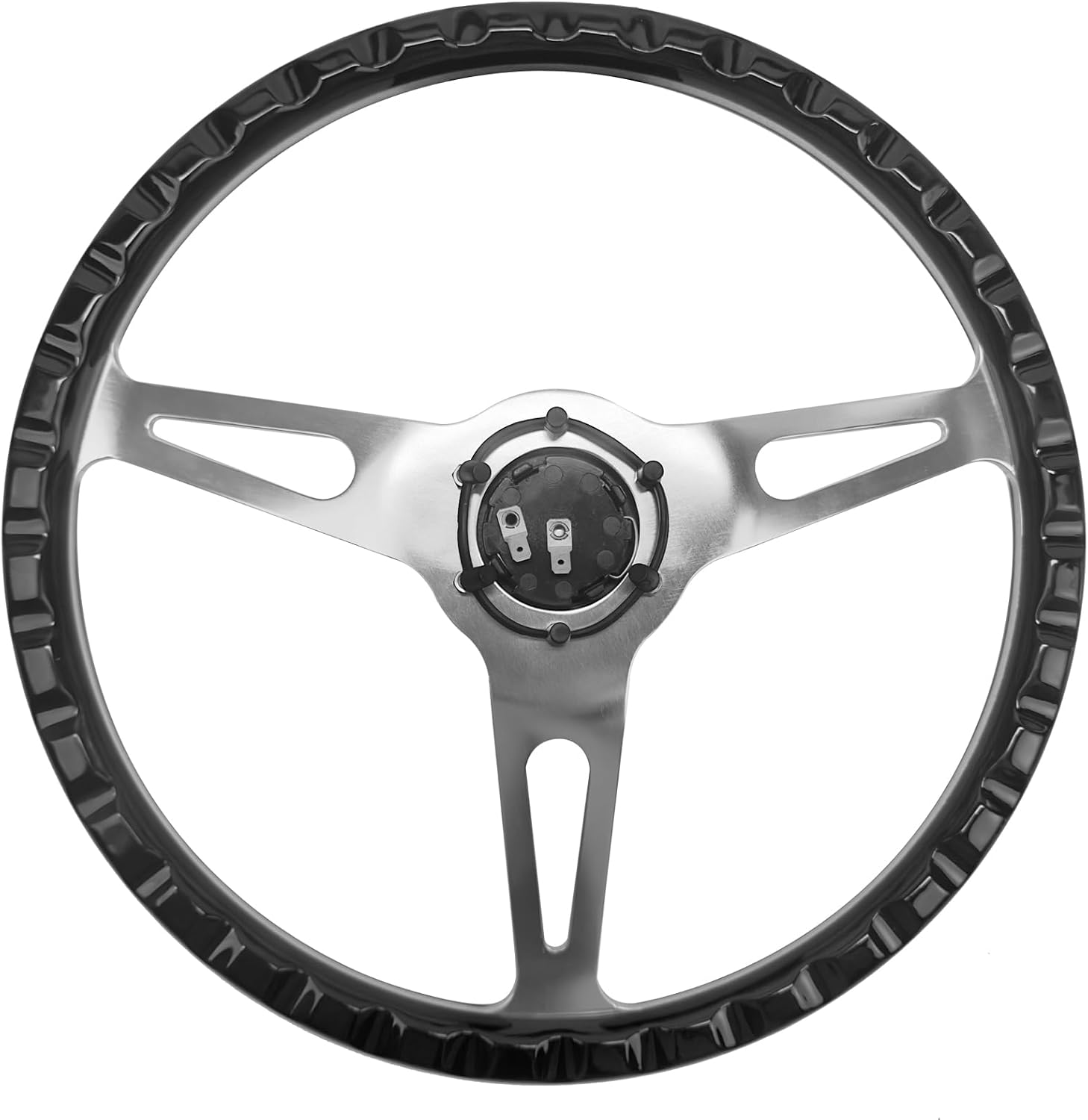 15inch Classic Wood Grain Steering Wheel With Riveted Light Grip | Black Green Gunmetal Finish, Brushed Aluminum 3 Spoke, 1.5inch Depth, 6 holes,with Horn button, Fit Hot Rod, Classic Muscle