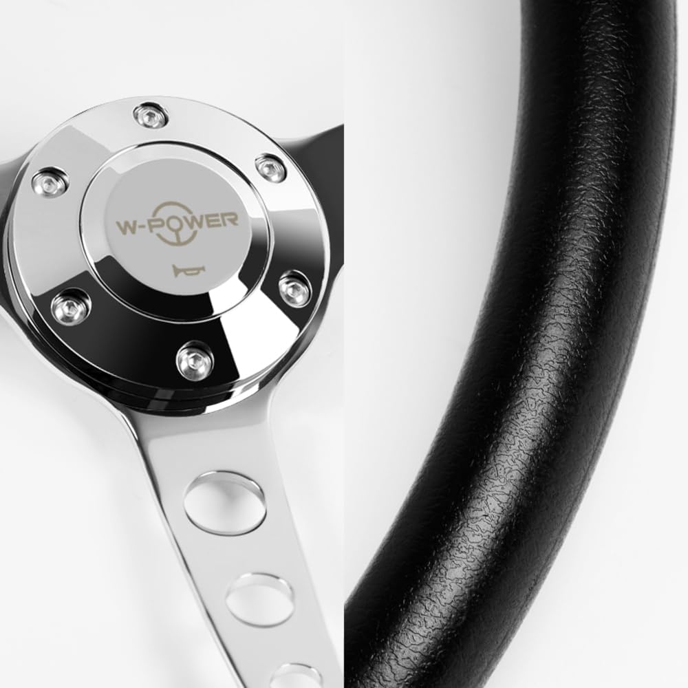 W-Power, 15' Reinforced 380mm 6 Bolt Hole Aluminum Finised Black Vinyl Wrap Trim Steering Wheel, Chrome Horn Button JDM Euro VIP Style, 3' Deep (Black Vinyl Wrap/Chrome Spoke)