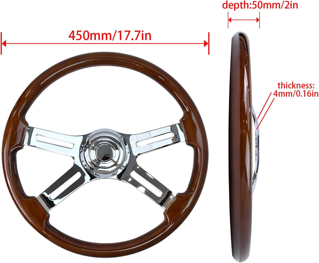18'' Wooden Steering Wheel with 4 Spokes and 2'' Deep Plated Bracket, Modified Interior Accessory for Semi-Trailers, Compatible with Kenworth, Peterbilt, Volvo, Freightliner Trucks (Wood)